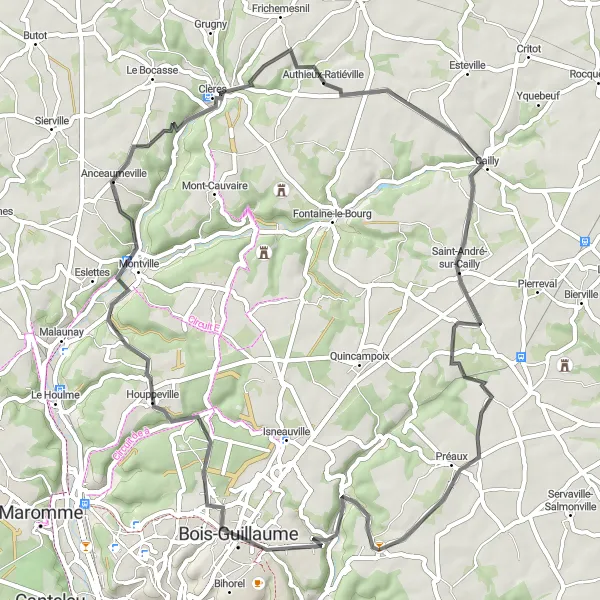 Map miniature of "Montville and Fontaine-sous-Préaux Circuit" cycling inspiration in Haute-Normandie, France. Generated by Tarmacs.app cycling route planner