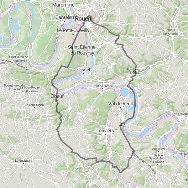 Map miniature of "Discovering the Countryside from Bois-Guillaume to Mont Fortin" cycling inspiration in Haute-Normandie, France. Generated by Tarmacs.app cycling route planner