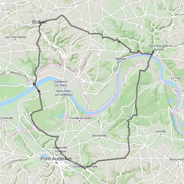 Map miniature of "Beuzevillette Adventure" cycling inspiration in Haute-Normandie, France. Generated by Tarmacs.app cycling route planner