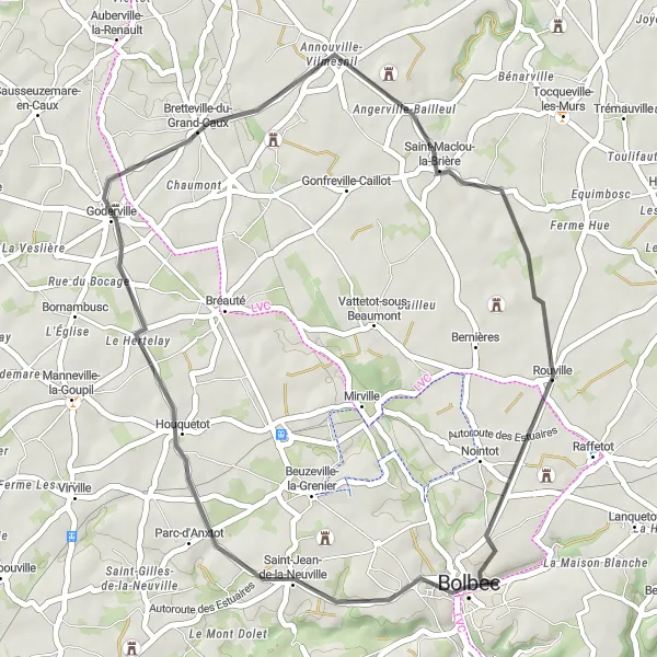 Map miniature of "Goderville Loop" cycling inspiration in Haute-Normandie, France. Generated by Tarmacs.app cycling route planner