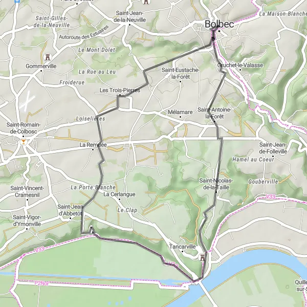 Map miniature of "Tancarville Loop" cycling inspiration in Haute-Normandie, France. Generated by Tarmacs.app cycling route planner