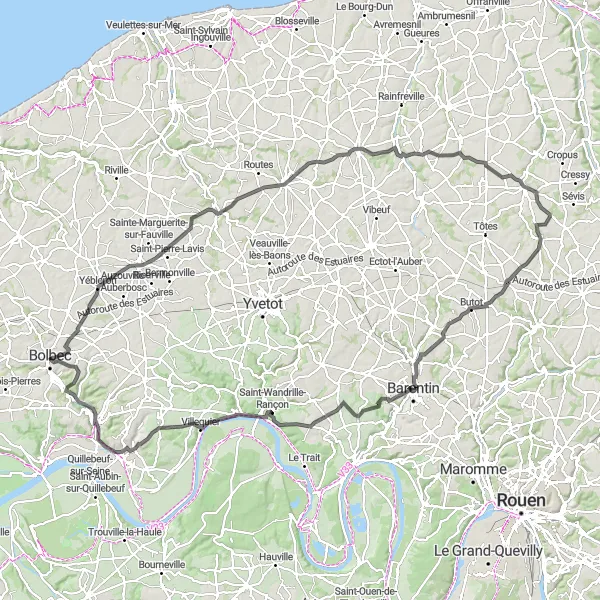 Map miniature of "From Bolbec to Raffetot and back" cycling inspiration in Haute-Normandie, France. Generated by Tarmacs.app cycling route planner