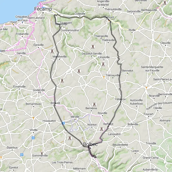 Miniature de la carte de l'inspiration cycliste "Exploration des villages pittoresques près de Bolbec" dans la Haute-Normandie, France. Générée par le planificateur d'itinéraire cycliste Tarmacs.app