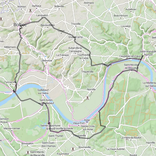 Miniature de la carte de l'inspiration cycliste "Parcours à travers les villages normands" dans la Haute-Normandie, France. Générée par le planificateur d'itinéraire cycliste Tarmacs.app