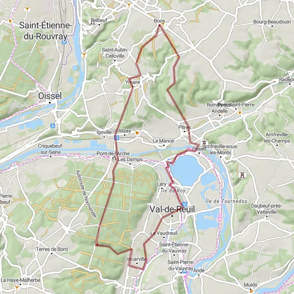 Miniature de la carte de l'inspiration cycliste "Aventure gravel dans la Vallée de l'Eure" dans la Haute-Normandie, France. Générée par le planificateur d'itinéraire cycliste Tarmacs.app