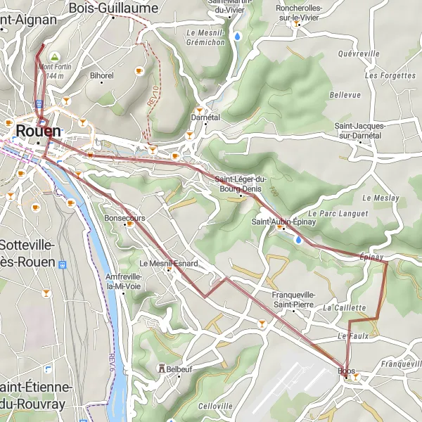Miniature de la carte de l'inspiration cycliste "Les Collines de l'Est de Rouen" dans la Haute-Normandie, France. Générée par le planificateur d'itinéraire cycliste Tarmacs.app