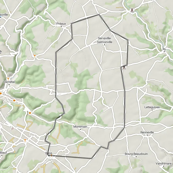 Miniature de la carte de l'inspiration cycliste "Escapade cycliste à travers la campagne normande" dans la Haute-Normandie, France. Générée par le planificateur d'itinéraire cycliste Tarmacs.app