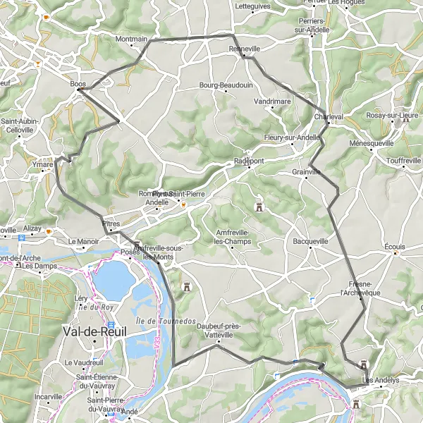 Miniature de la carte de l'inspiration cycliste "Tour à vélo entre Boos et Quevreville-la-Poterie" dans la Haute-Normandie, France. Générée par le planificateur d'itinéraire cycliste Tarmacs.app