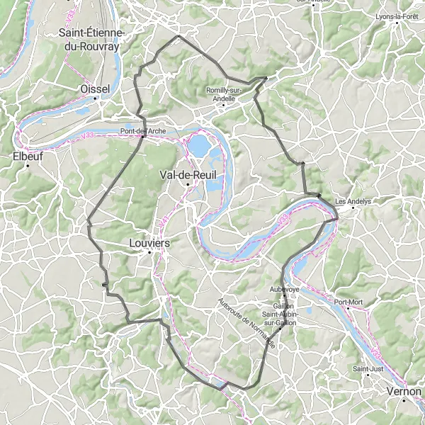Miniature de la carte de l'inspiration cycliste "Boucle panoramique de la Vallée de l'Andelle" dans la Haute-Normandie, France. Générée par le planificateur d'itinéraire cycliste Tarmacs.app