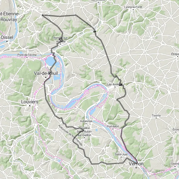 Miniature de la carte de l'inspiration cycliste "Parcours pittoresque autour de Boos" dans la Haute-Normandie, France. Générée par le planificateur d'itinéraire cycliste Tarmacs.app