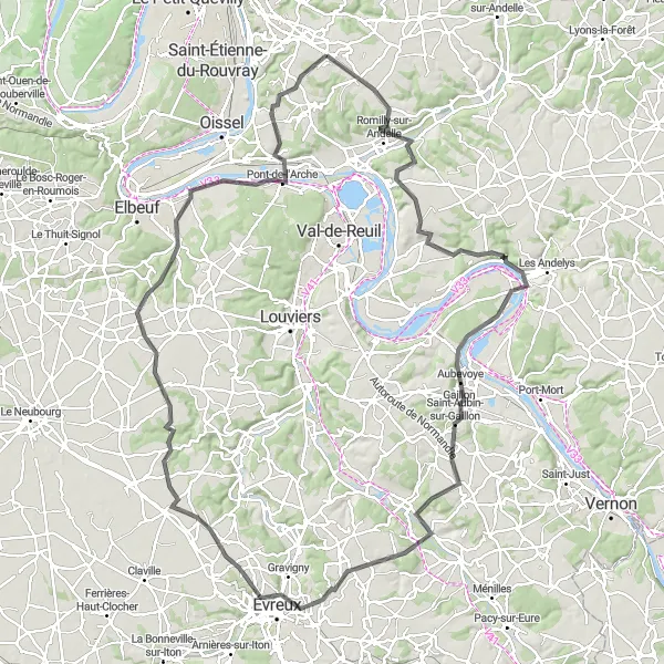 Miniature de la carte de l'inspiration cycliste "Les Vallées de l'Eure et de l'Iton" dans la Haute-Normandie, France. Générée par le planificateur d'itinéraire cycliste Tarmacs.app