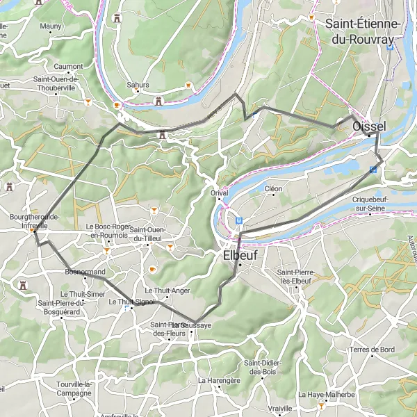 Miniature de la carte de l'inspiration cycliste "Parcours historique de la vallée de la Seine" dans la Haute-Normandie, France. Générée par le planificateur d'itinéraire cycliste Tarmacs.app