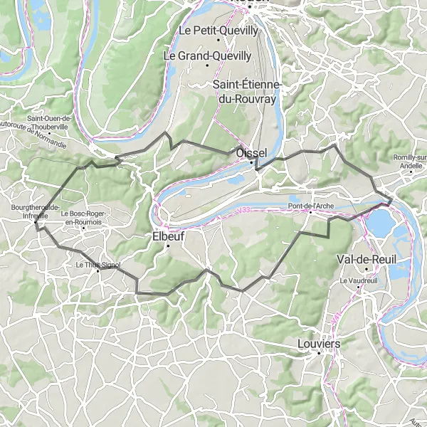 Map miniature of "Grand-Couronne to Bosnormand Scenic Road Ride" cycling inspiration in Haute-Normandie, France. Generated by Tarmacs.app cycling route planner