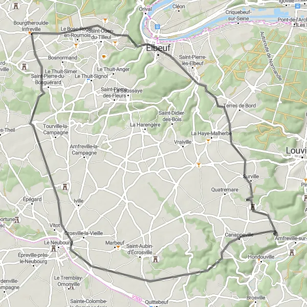 Miniature de la carte de l'inspiration cycliste "Tour de la Vallée de l'Andelle" dans la Haute-Normandie, France. Générée par le planificateur d'itinéraire cycliste Tarmacs.app