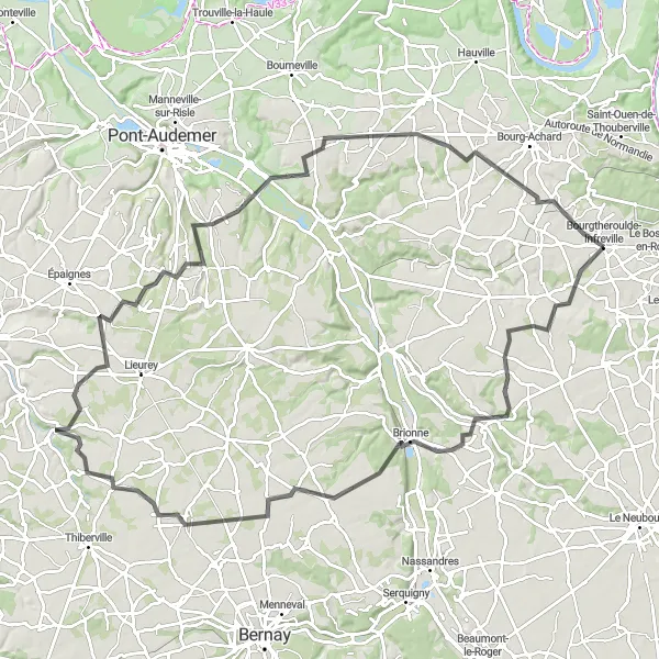 Map miniature of "Bourgtheroulde-Infreville to Saint-Bosc-Bénard-Commin" cycling inspiration in Haute-Normandie, France. Generated by Tarmacs.app cycling route planner