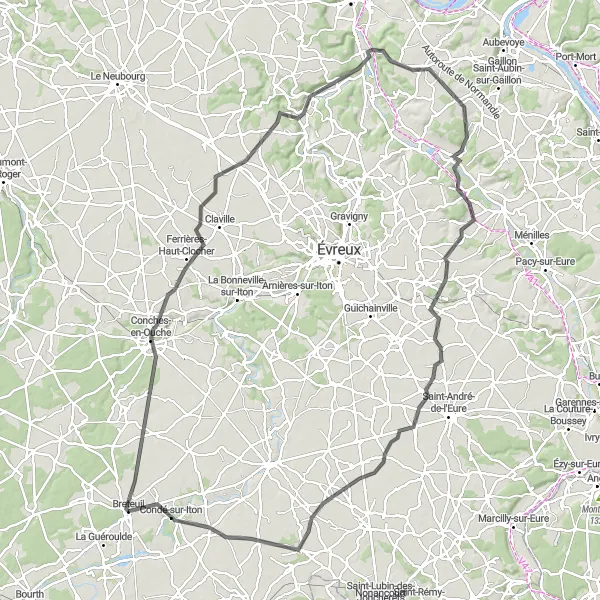 Map miniature of "The Burey Circuit" cycling inspiration in Haute-Normandie, France. Generated by Tarmacs.app cycling route planner