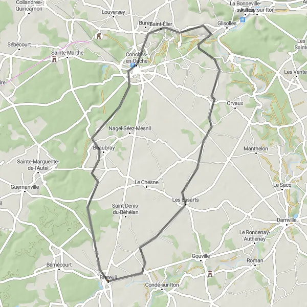 Map miniature of "The Conches-en-Ouche Loop" cycling inspiration in Haute-Normandie, France. Generated by Tarmacs.app cycling route planner