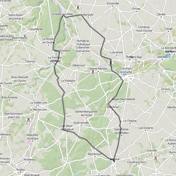 Map miniature of "The Risle Valley Tour" cycling inspiration in Haute-Normandie, France. Generated by Tarmacs.app cycling route planner