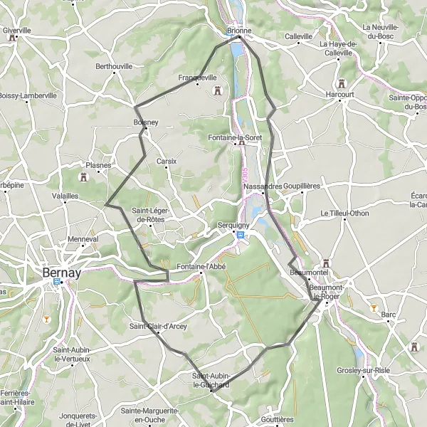 Map miniature of "Beaumontel Loop" cycling inspiration in Haute-Normandie, France. Generated by Tarmacs.app cycling route planner