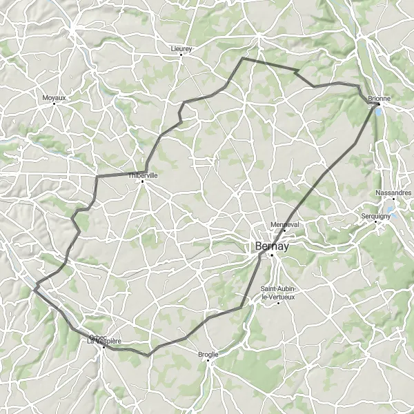 Map miniature of "Bernay to Château de Brionne Circuit" cycling inspiration in Haute-Normandie, France. Generated by Tarmacs.app cycling route planner