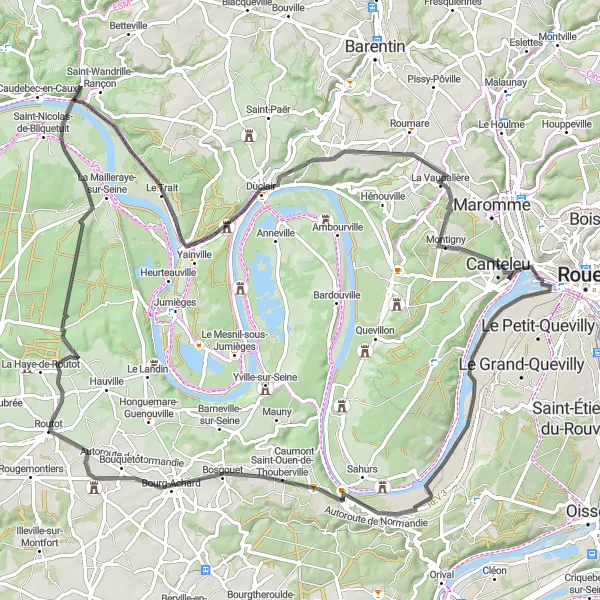 Map miniature of "Canteleu to Saint-Wandrille-Rançon Road Cycling Route" cycling inspiration in Haute-Normandie, France. Generated by Tarmacs.app cycling route planner