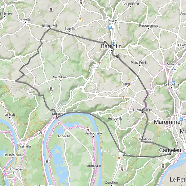 Map miniature of "Canteleu to Blacqueville Road Cycling Route" cycling inspiration in Haute-Normandie, France. Generated by Tarmacs.app cycling route planner