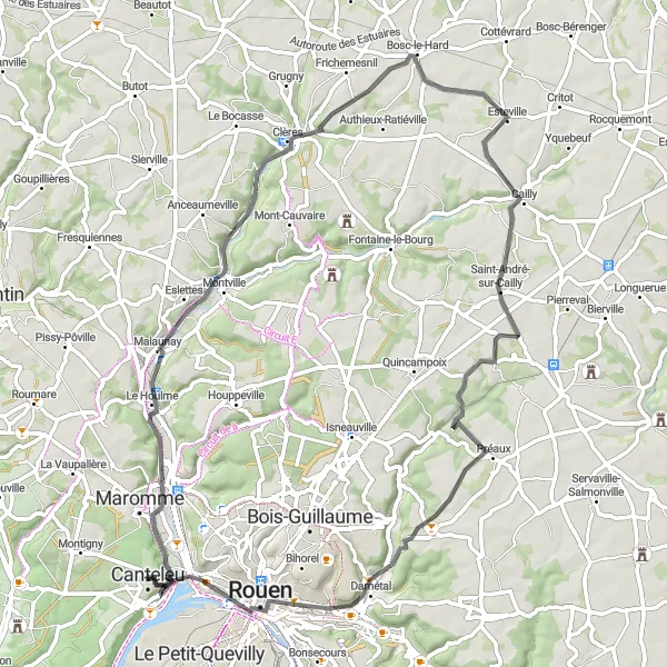 Map miniature of "Canteleu to Panorama de Mont-Saint-Aignan Road Cycling Route" cycling inspiration in Haute-Normandie, France. Generated by Tarmacs.app cycling route planner