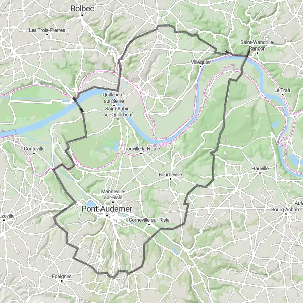 Miniature de la carte de l'inspiration cycliste "Parcours des Abbayes et Châteaux" dans la Haute-Normandie, France. Générée par le planificateur d'itinéraire cycliste Tarmacs.app