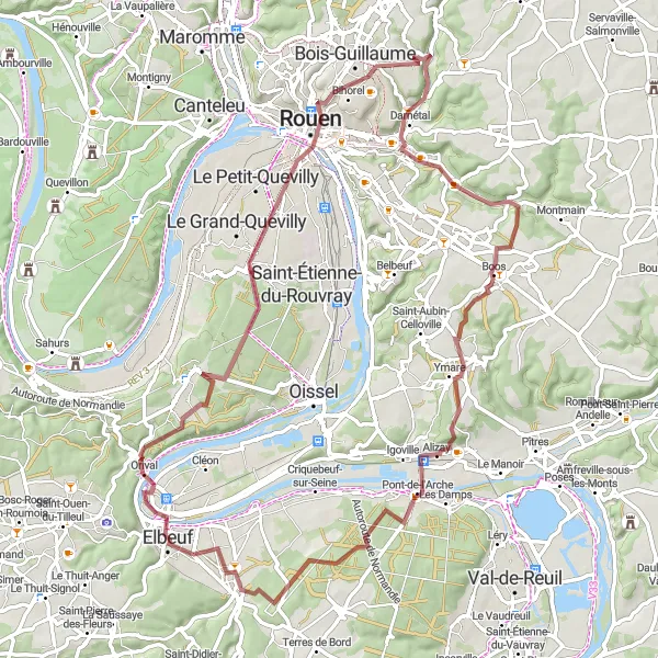 Miniature de la carte de l'inspiration cycliste "Boucle Elbeuf-Rouen" dans la Haute-Normandie, France. Générée par le planificateur d'itinéraire cycliste Tarmacs.app