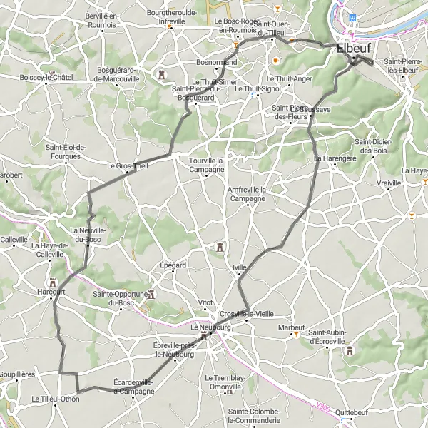 Miniature de la carte de l'inspiration cycliste "Escapade Campagnarde" dans la Haute-Normandie, France. Générée par le planificateur d'itinéraire cycliste Tarmacs.app