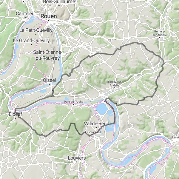 Map miniature of "The Elbeuf Adventure" cycling inspiration in Haute-Normandie, France. Generated by Tarmacs.app cycling route planner