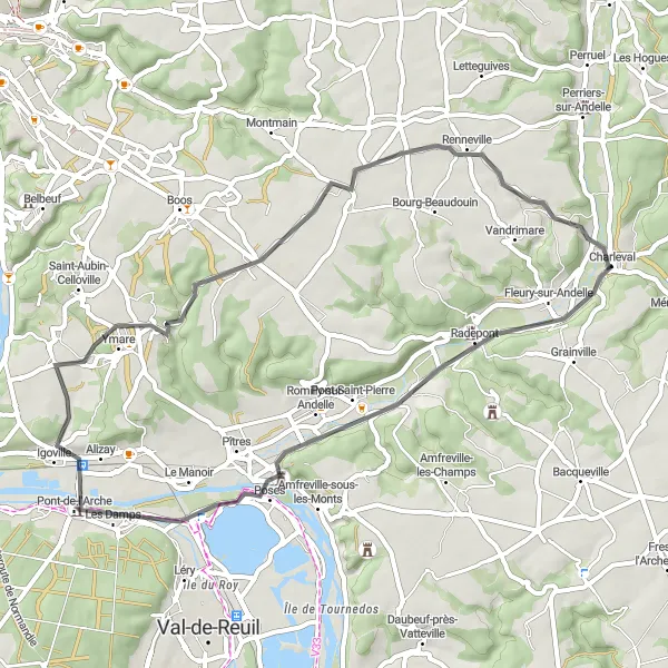 Map miniature of "Scenic Road Cycling near Charleval" cycling inspiration in Haute-Normandie, France. Generated by Tarmacs.app cycling route planner