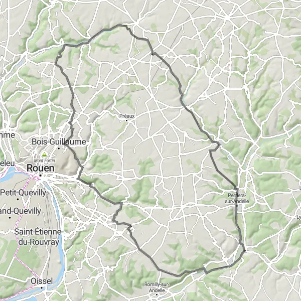Miniature de la carte de l'inspiration cycliste "Le Chemin des Clochers et des Châteaux" dans la Haute-Normandie, France. Générée par le planificateur d'itinéraire cycliste Tarmacs.app