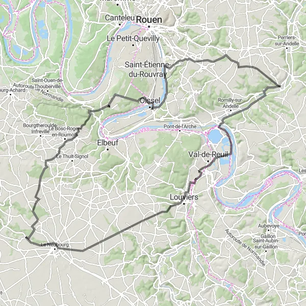 Miniature de la carte de l'inspiration cycliste "Parcours des Châteaux Normands" dans la Haute-Normandie, France. Générée par le planificateur d'itinéraire cycliste Tarmacs.app