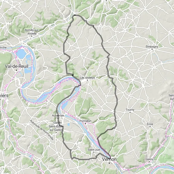 Miniature de la carte de l'inspiration cycliste "Boucle des Villages Normands" dans la Haute-Normandie, France. Générée par le planificateur d'itinéraire cycliste Tarmacs.app