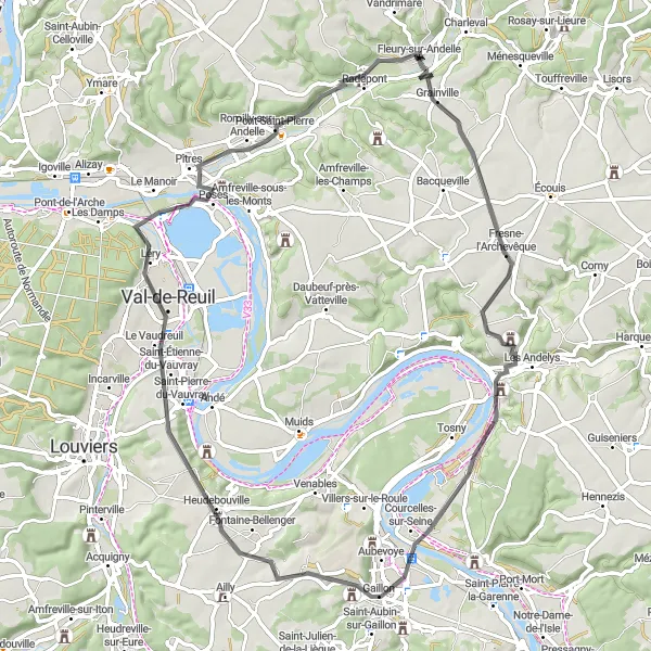 Miniature de la carte de l'inspiration cycliste "Circuit de la Vallée de l'Eure" dans la Haute-Normandie, France. Générée par le planificateur d'itinéraire cycliste Tarmacs.app