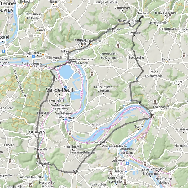 Miniature de la carte de l'inspiration cycliste "Tour des Vallées de l'Eure et de la Seine" dans la Haute-Normandie, France. Générée par le planificateur d'itinéraire cycliste Tarmacs.app