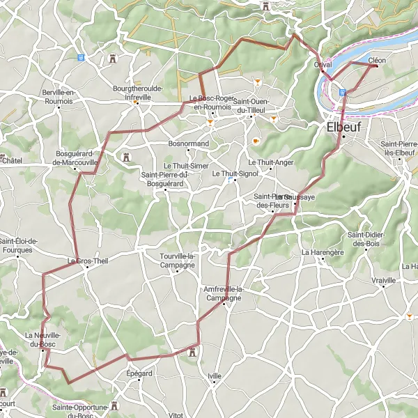 Miniature de la carte de l'inspiration cycliste "Boucle à vélo de gravel près de Cléon" dans la Haute-Normandie, France. Générée par le planificateur d'itinéraire cycliste Tarmacs.app