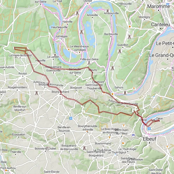 Map miniature of "Gravel Adventure near Cléon" cycling inspiration in Haute-Normandie, France. Generated by Tarmacs.app cycling route planner