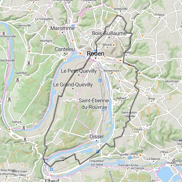 Map miniature of "Grand-Couronne and Rouen Loop" cycling inspiration in Haute-Normandie, France. Generated by Tarmacs.app cycling route planner