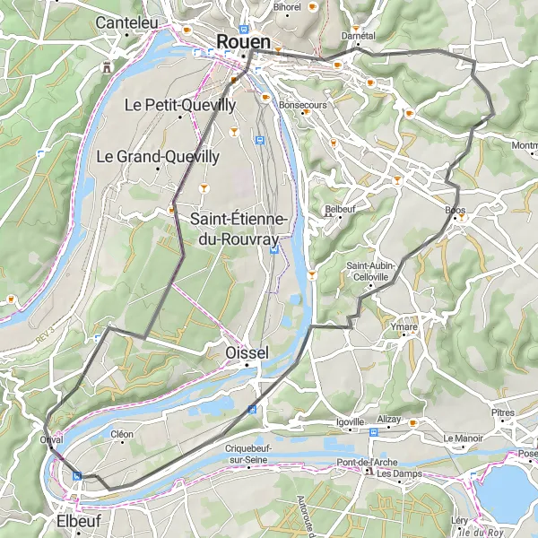 Miniature de la carte de l'inspiration cycliste "Parcours autour de Rouen" dans la Haute-Normandie, France. Générée par le planificateur d'itinéraire cycliste Tarmacs.app