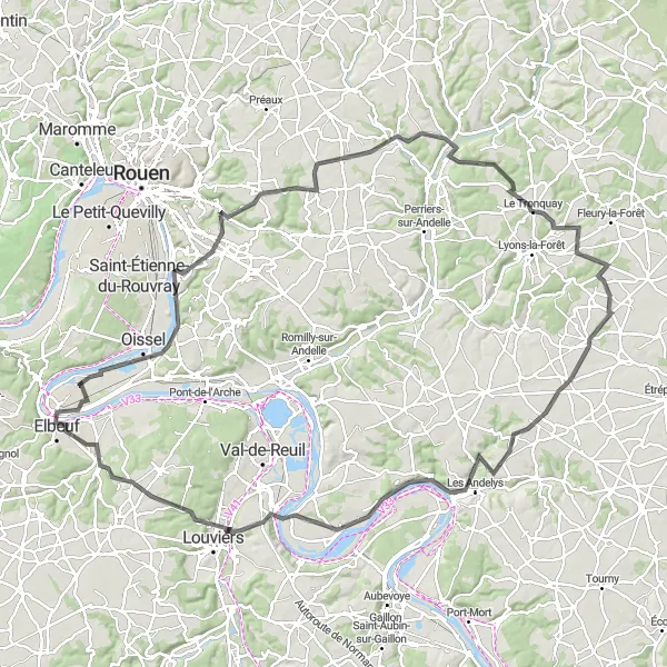 Map miniature of "The Seine Valley Experience" cycling inspiration in Haute-Normandie, France. Generated by Tarmacs.app cycling route planner