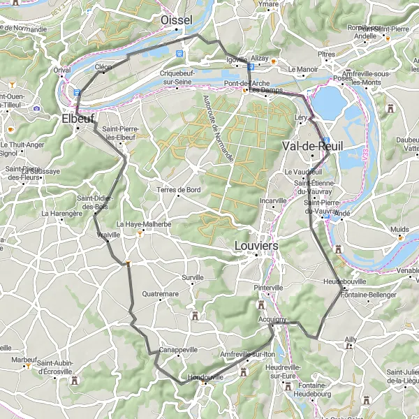 Miniature de la carte de l'inspiration cycliste "Tour à travers la campagne normande" dans la Haute-Normandie, France. Générée par le planificateur d'itinéraire cycliste Tarmacs.app