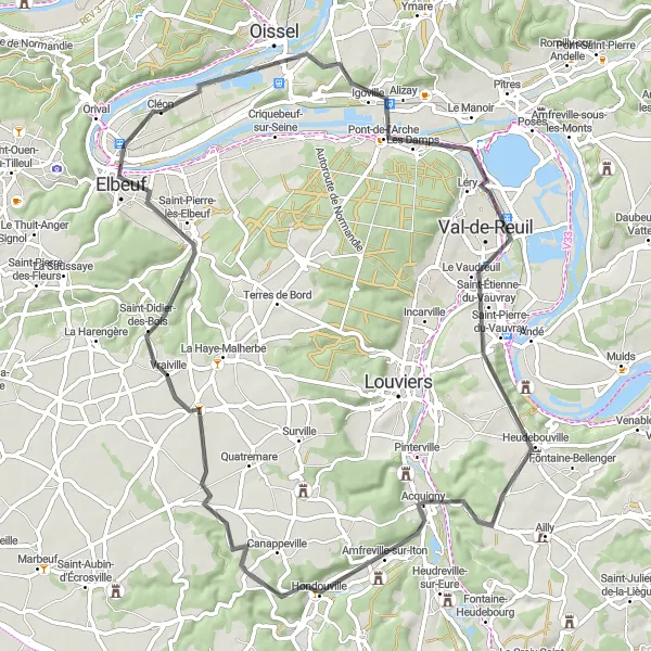 Map miniature of "Through the Val-de-Reuil" cycling inspiration in Haute-Normandie, France. Generated by Tarmacs.app cycling route planner