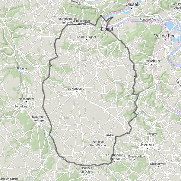 Map miniature of "The Countryside Expedition" cycling inspiration in Haute-Normandie, France. Generated by Tarmacs.app cycling route planner