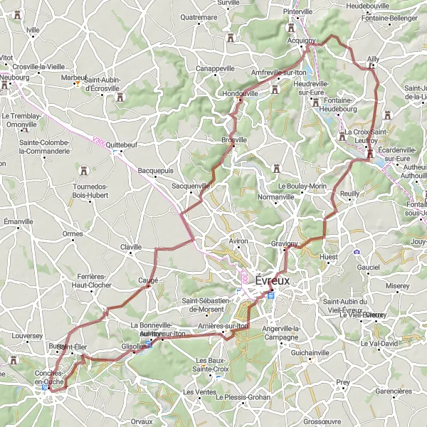 Map miniature of "The Conches Loop - Gravel Adventure" cycling inspiration in Haute-Normandie, France. Generated by Tarmacs.app cycling route planner