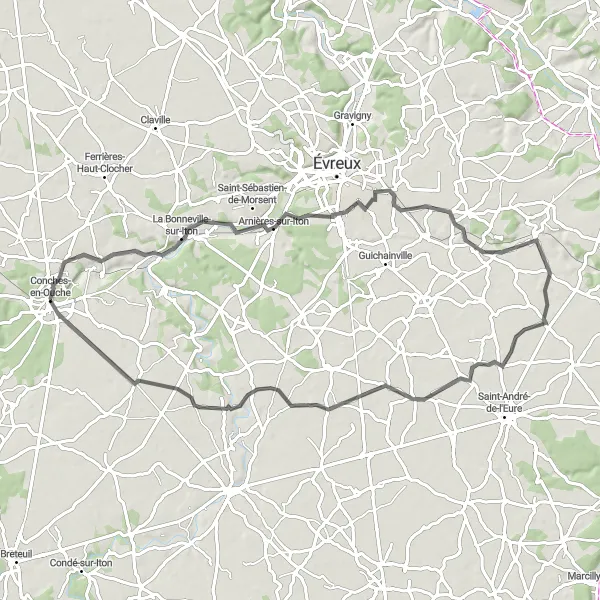 Map miniature of "Manthelon Ride" cycling inspiration in Haute-Normandie, France. Generated by Tarmacs.app cycling route planner