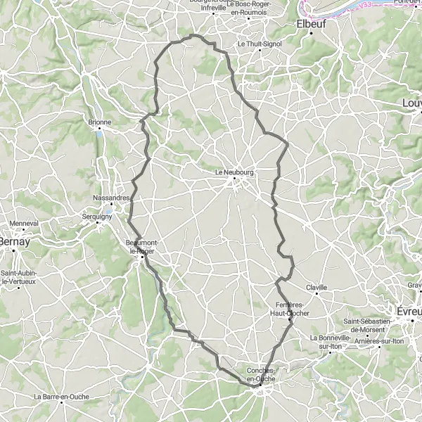Miniature de la carte de l'inspiration cycliste "Tour à vélo pittoresque près de Conches-en-Ouche" dans la Haute-Normandie, France. Générée par le planificateur d'itinéraire cycliste Tarmacs.app