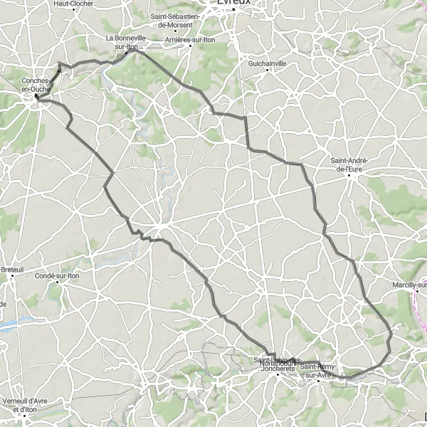 Miniature de la carte de l'inspiration cycliste "Parcours autour de Conches-en-Ouche" dans la Haute-Normandie, France. Générée par le planificateur d'itinéraire cycliste Tarmacs.app