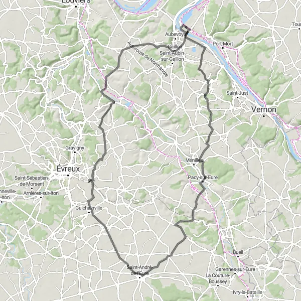 Map miniature of "The Eure Valley Expedition" cycling inspiration in Haute-Normandie, France. Generated by Tarmacs.app cycling route planner